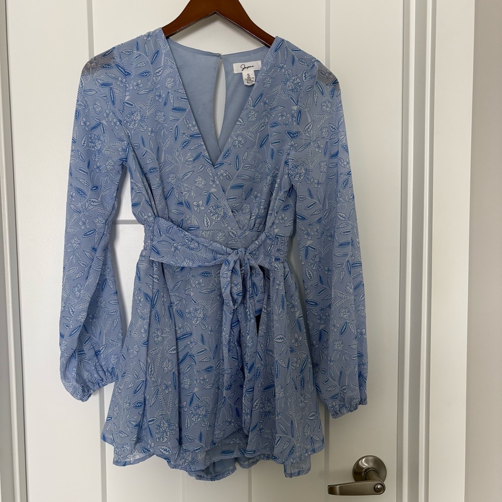 Japna Light Blue Floral Long Sleeve Romper Dress S Small